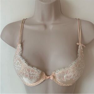 Vintage 90's Janet Reger London 100% Silk Peach Pin Underwire Lace Trim Bra 34A